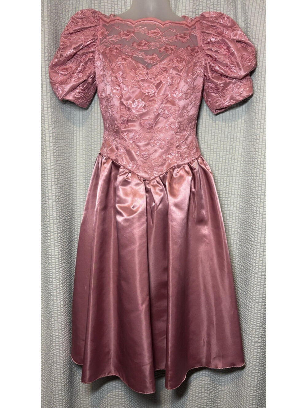 80's Dusty Rose Satin Lace Puff Sleeve Princess Dress Bow Tea Length Prom VTG